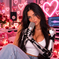 Lana 802 mit Mikrofon und Roboterarm vor leuchtenden rosa Herzen